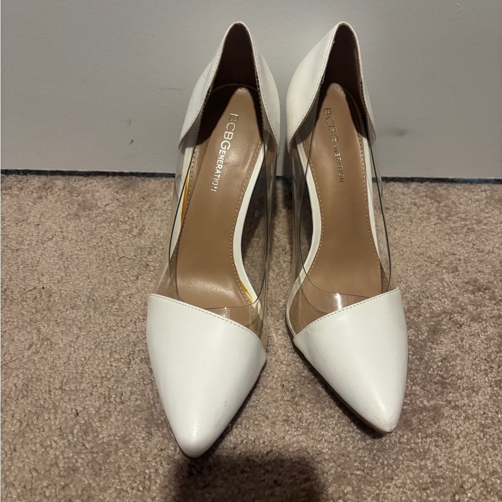 BCBGeneration White and Clear Heels